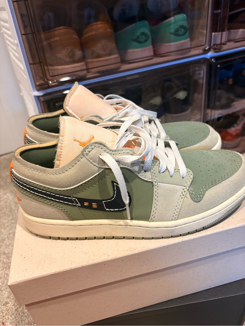 Men’s Jordan 1s Low Sage Green, Orange, Black - Picture 4 of 8